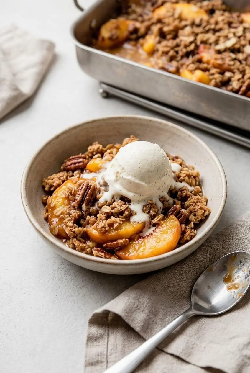 A portion of warm peach crisp served in a small bowl topped with melting vanilla bean ice cream.