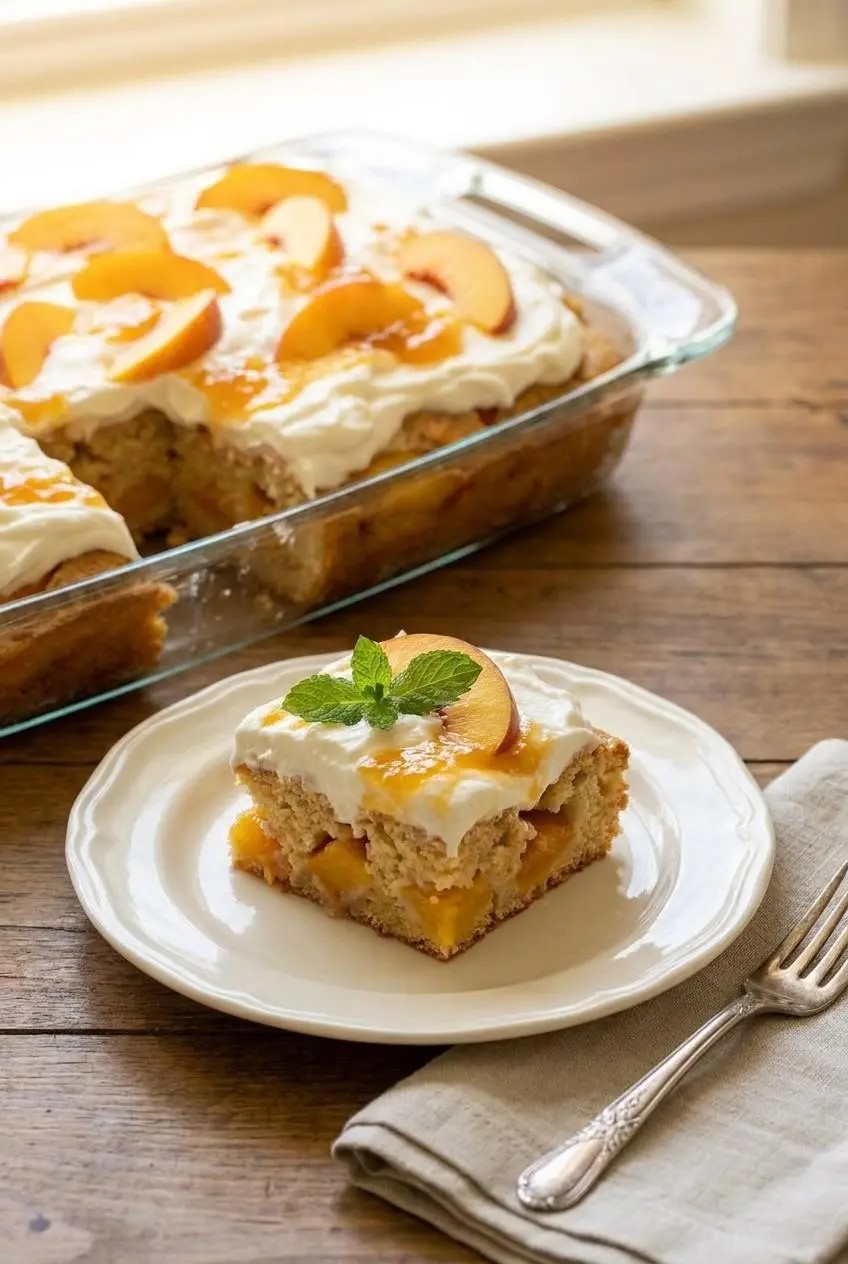 A slice of Peaches and Cream Granny Cake on a dessert plate garnished with a peach slice and fresh mint.