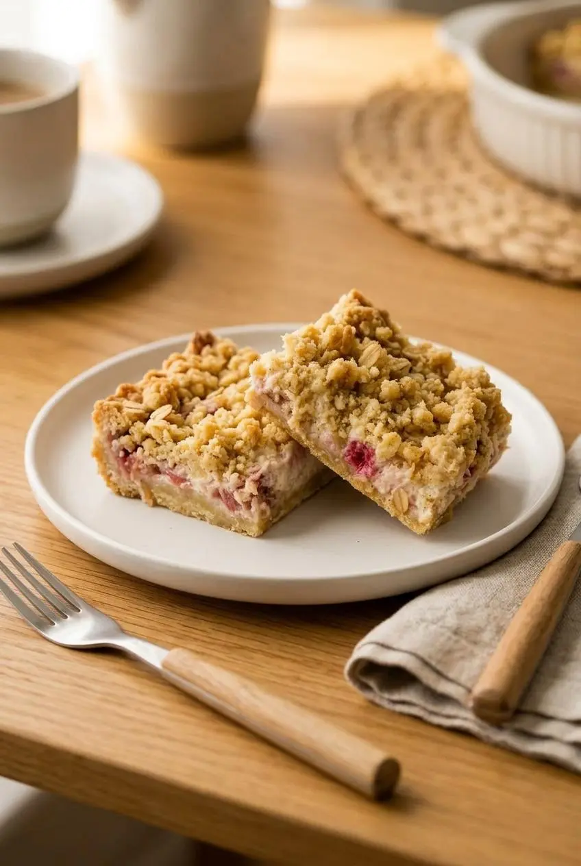 Two freshly cut rhubarb cream cheese squares resting on a white ceramic dessert plate next to a folded linen napkin and dessert fork.
