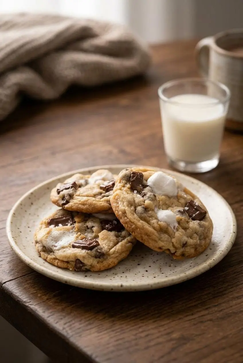 Three golden s'mores cookies stacked on a ceramic plate with a glass of cold milk in the background.