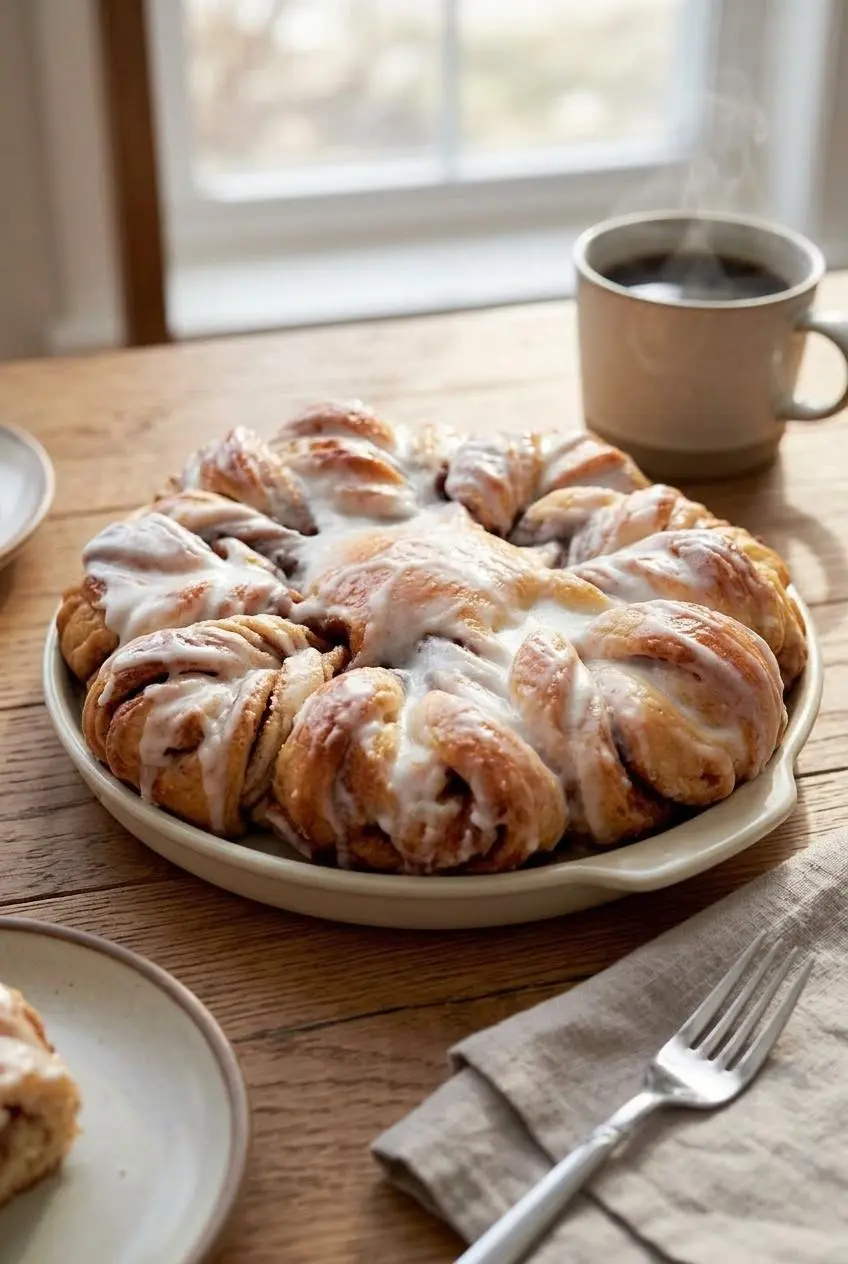 Baked sourdough cinnamon star on a rustic wooden table next to a warm cup of coffee.