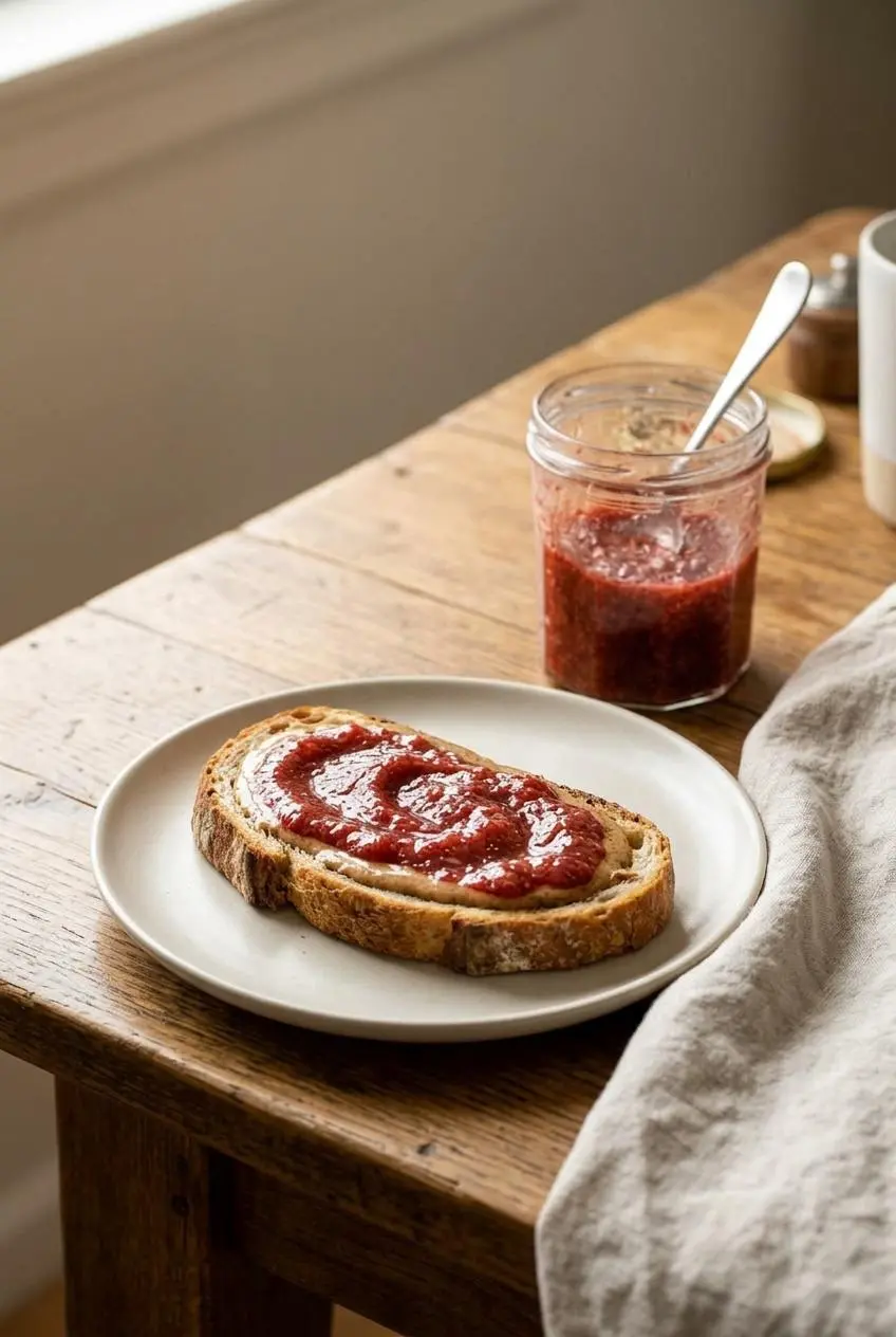 A slice of sourdough toast spread with almond butter and topped with a glossy swirl of strawberry rhubarb chia jam.