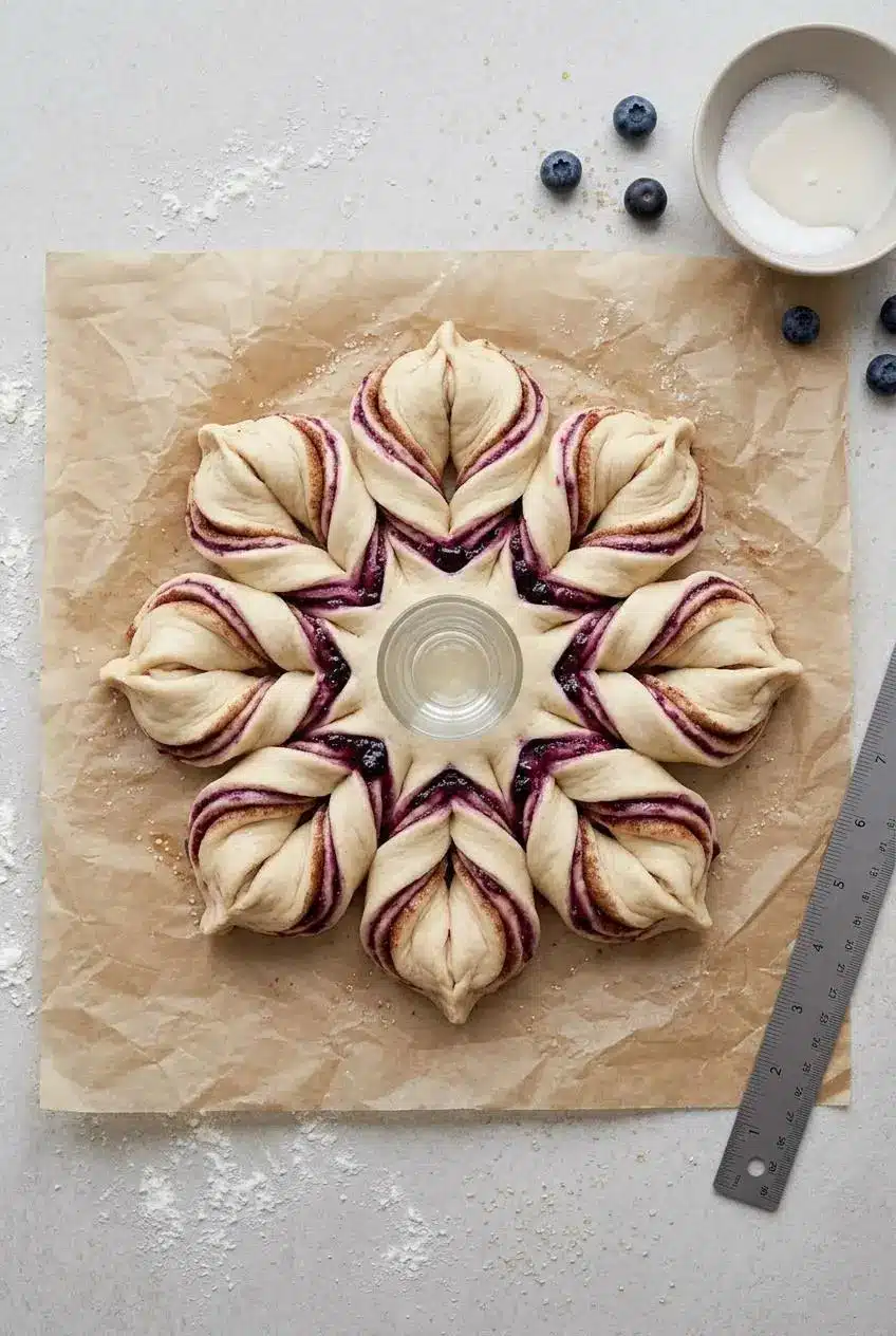 Raw unbaked sourdough star dough shaped on parchment paper with a shot glass in the center.