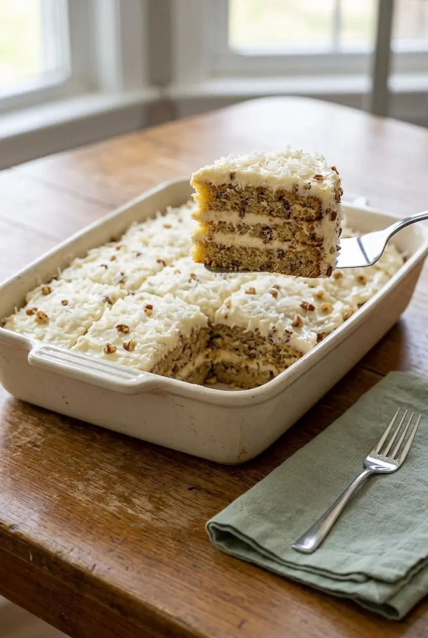 A square slice of Italian cream cake being lifted from a ceramic baking dish with a server spatula.