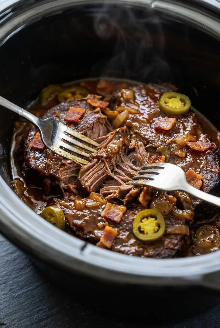 Two metal forks shredding tender chuck roast coated in glistening barbecue sauce inside a slow cooker.