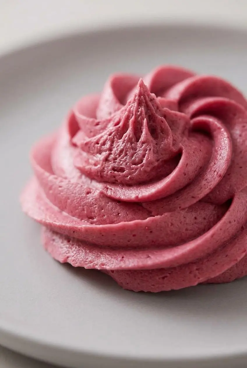 A close-up dollop of velvety, matte raspberry buttercream frosting on a light gray plate.