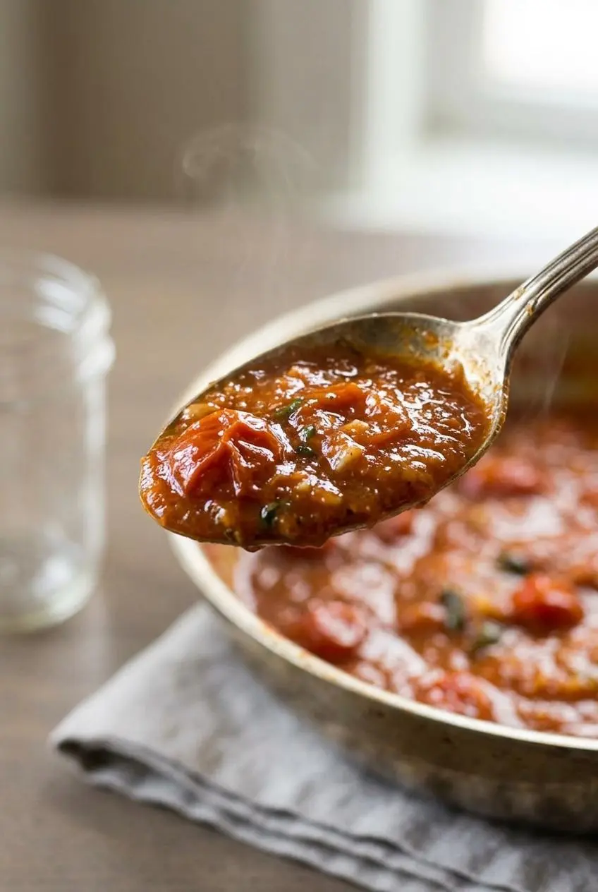 Glistening spoonful of warm, thick cherry tomato sauce lifted from the pot showing caramelized garlic and herbs.