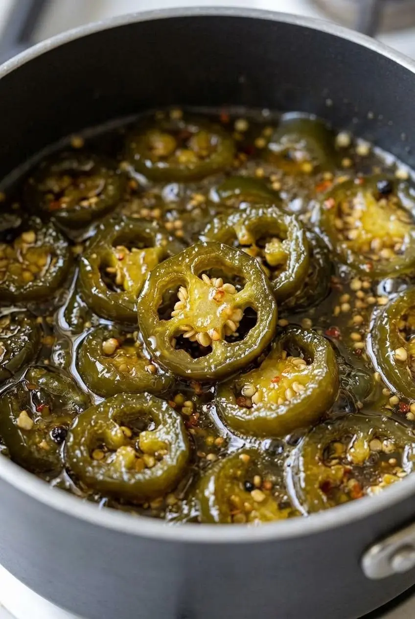 Glistening jalapeño rounds simmering in a bubbling, amber-tinted syrup inside a dark grey pot on the stove.