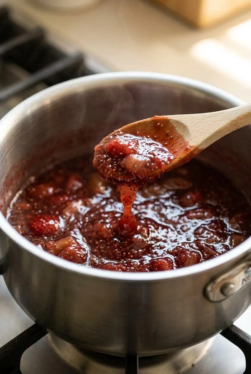 Strawberry rhubarb chia jam simmering in a stainless steel saucepan with a wooden spoon lifting a thick, glossy drip.