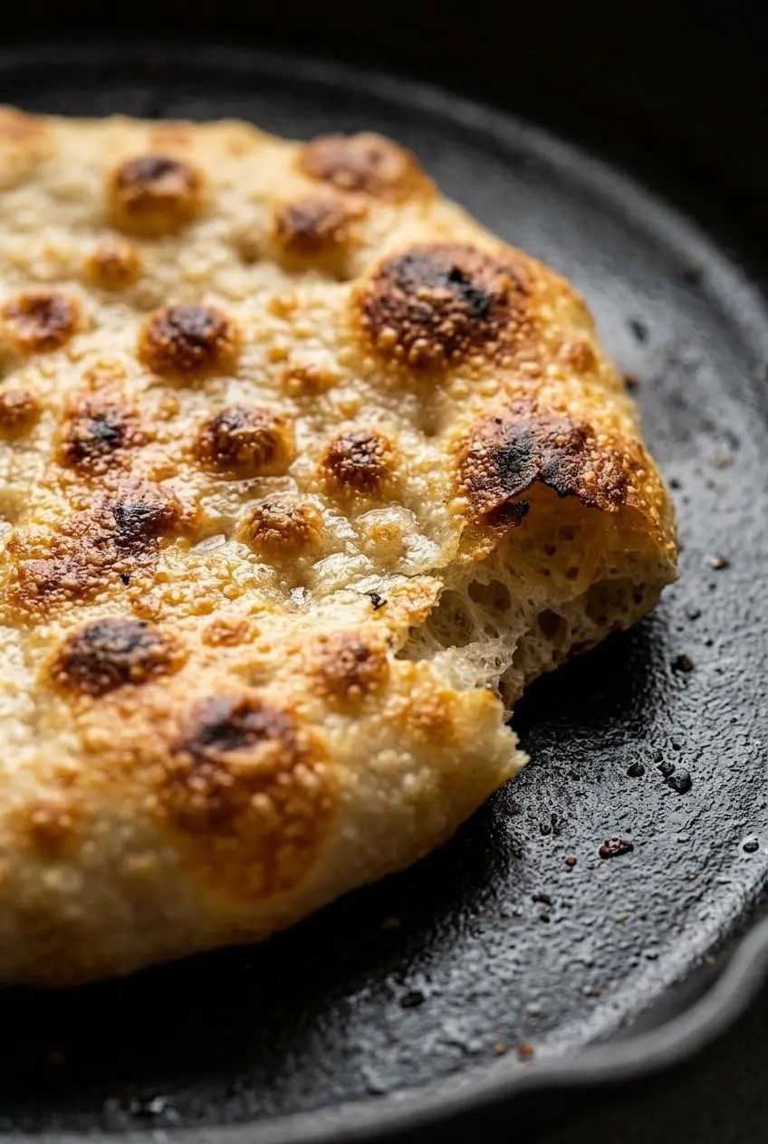 A close-up shot of a skillet-cooked sourdough flatbread with golden-brown toasted spots and bubbly texture.