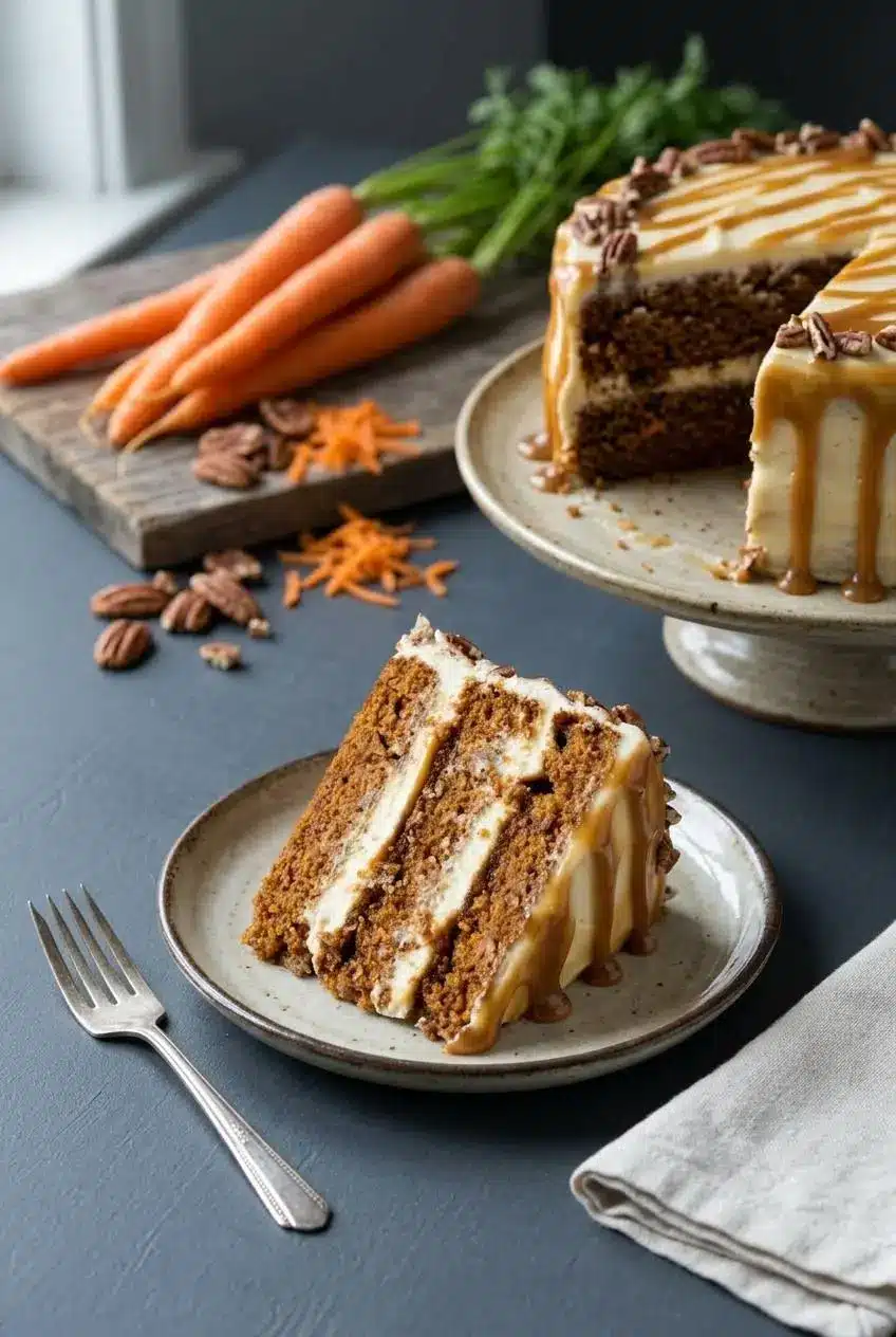 A slice of three-layer caramel carrot cake on a plate, showing the moist spiced crumb and caramel filling.