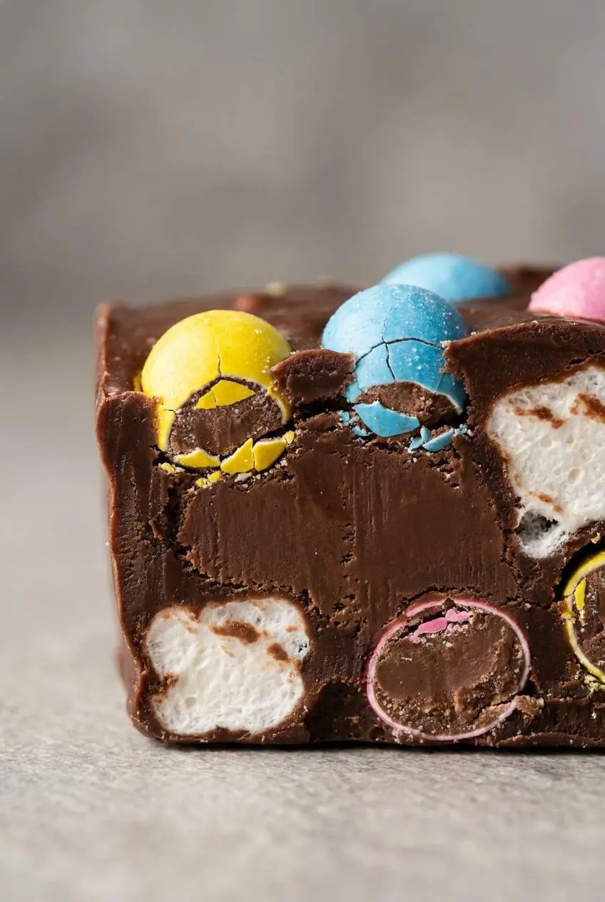 Cross-section slice of dark chocolate fudge showing a clean cut with soft marshmallows and colorful candy eggs.
