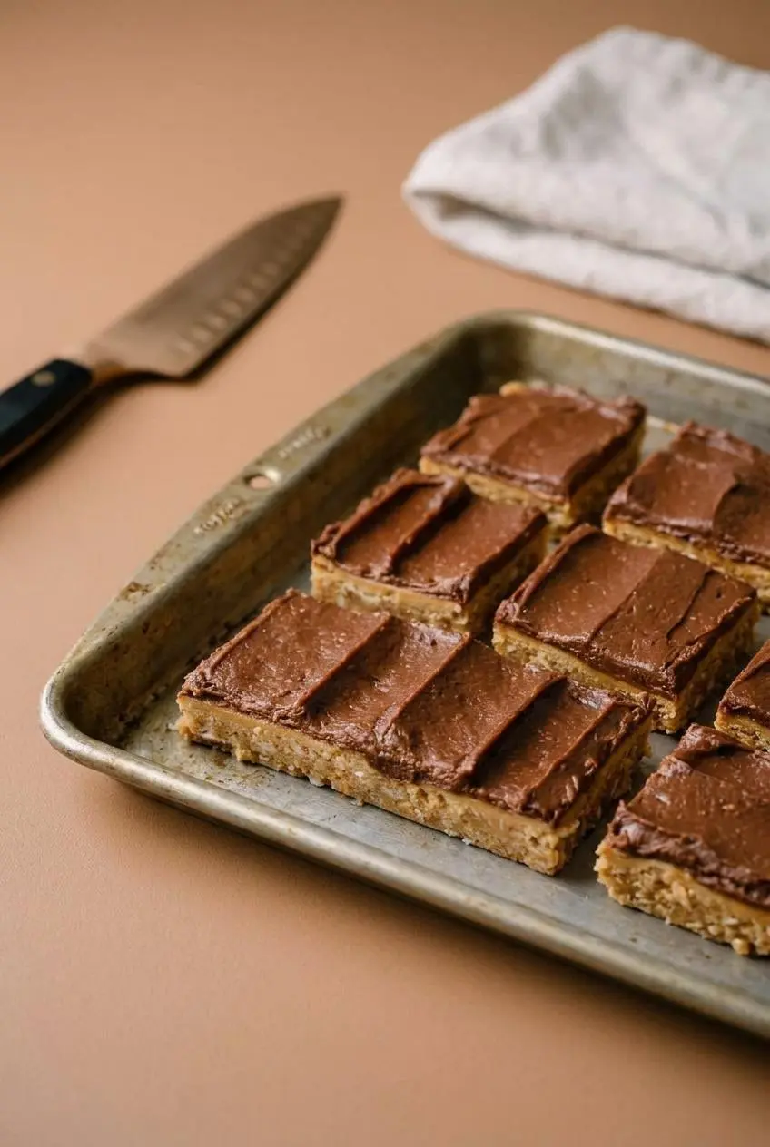 Neatly sliced chocolate frosted peanut butter bar squares arranged on a vintage sheet pan.