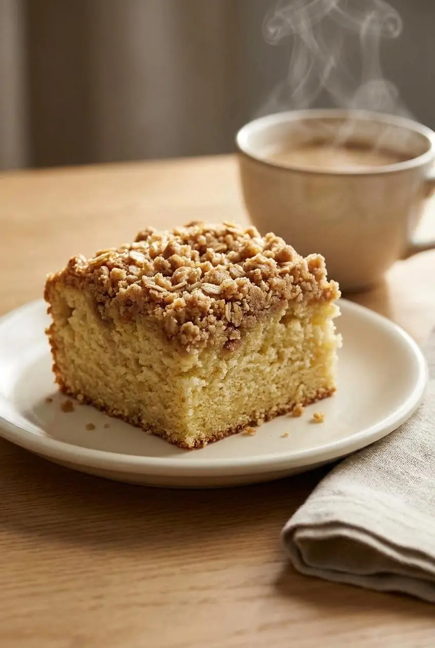 Square slice of pantry crumb cake on a ceramic plate served alongside morning coffee.
