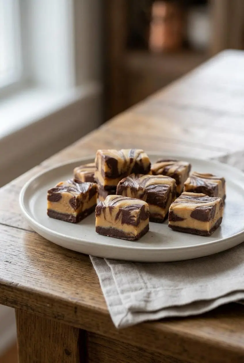 Bite-sized squares of peanut butter cup cheesecake fudge arranged on a light-ceramic plate with a linen napkin.