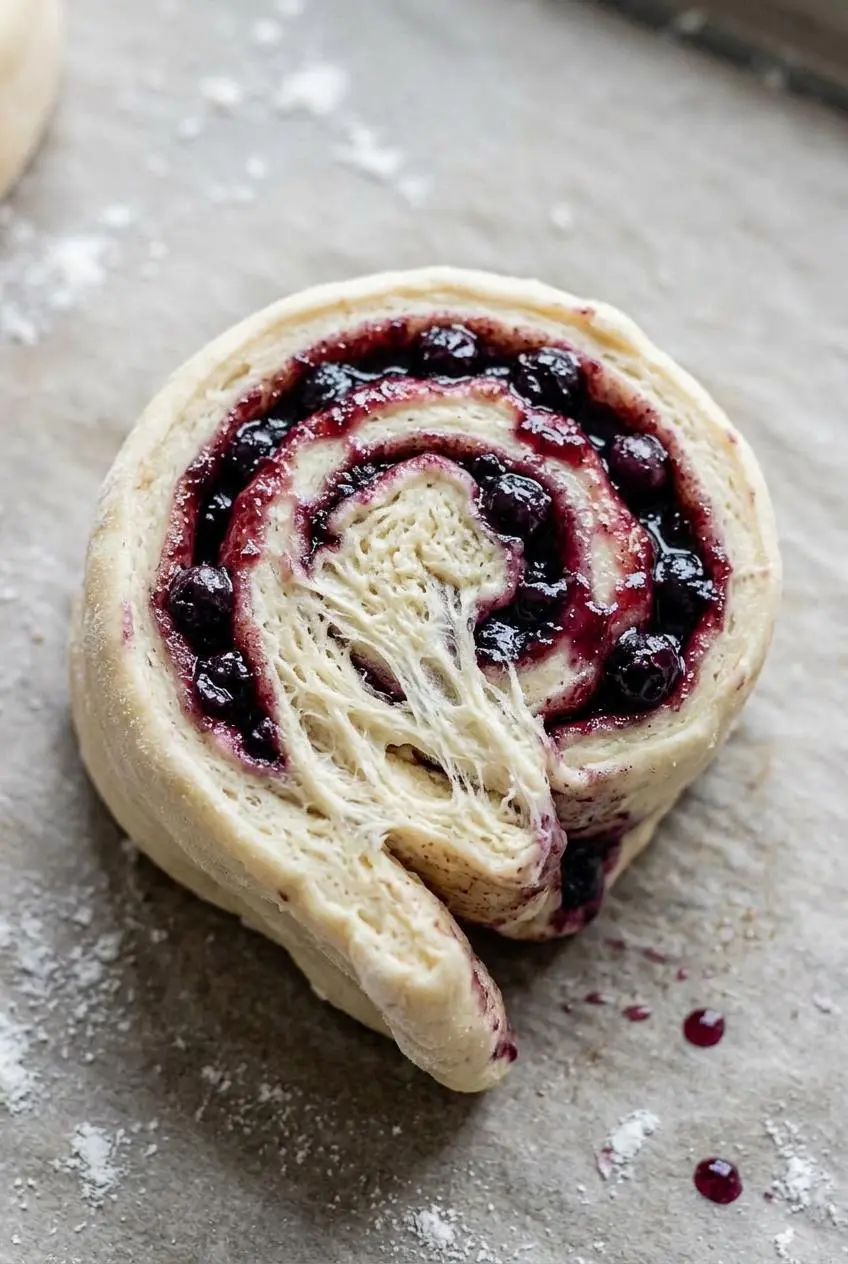 A raw, sliced blueberry cinnamon roll showing the spiral layers of yeast dough and dark purple filling.