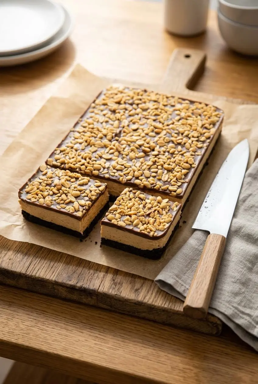 A whole slab of buckeye cheesecake being sliced on parchment paper next to a clean kitchen knife.