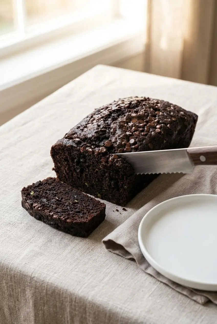 Slicing a loaf of dark chocolate zucchini bread with a serrated knife on a linen-covered table next to a white plate.