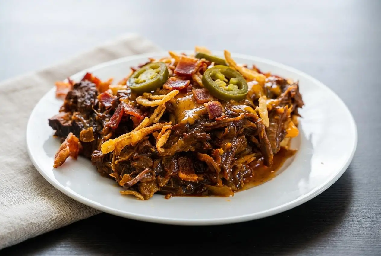 Tender shredded Slow Cooker Cowboy Beef glazes in a sweet and smoky barbecue sauce with bacon and jalapeños.