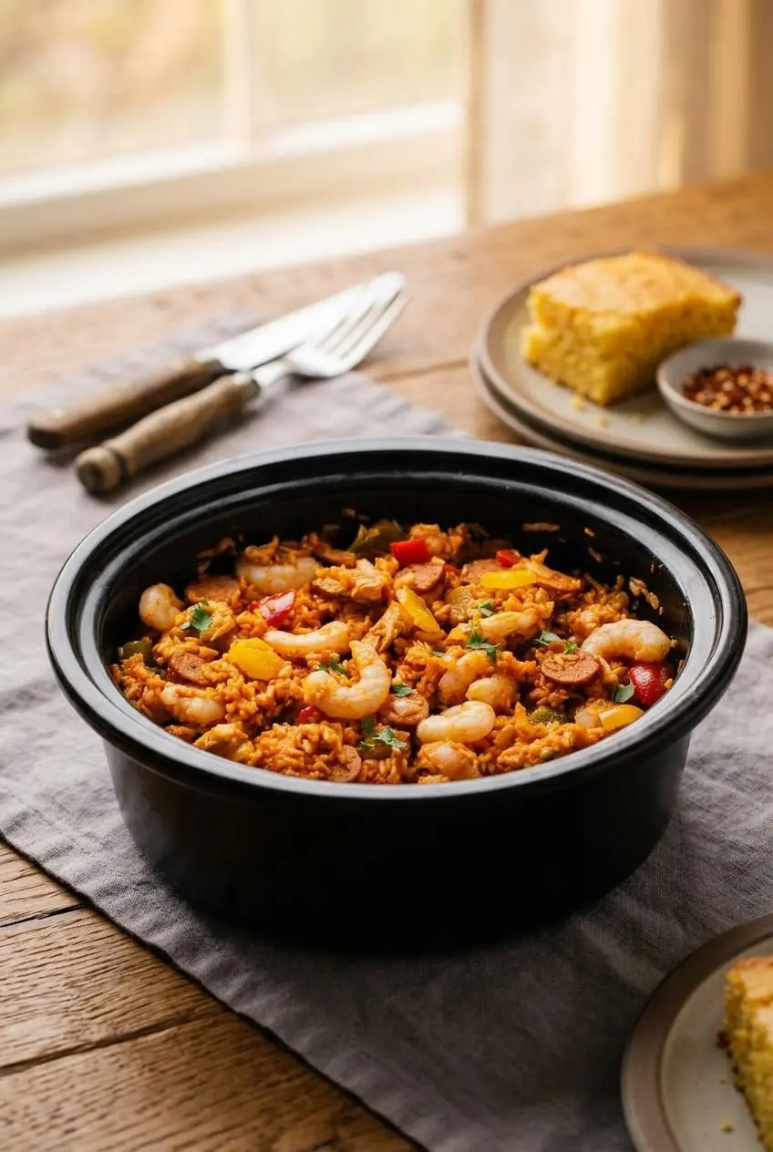 A warm bowl of jambalaya with shrimp and sausage served on a rustic oak table alongside a slice of buttery cornbread.