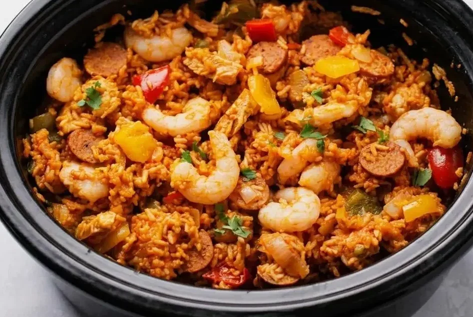 Slow cooker jambalaya featuring distinct white rice, smoky andouille sausage, and tender pink shrimp in a hearty tomato base.