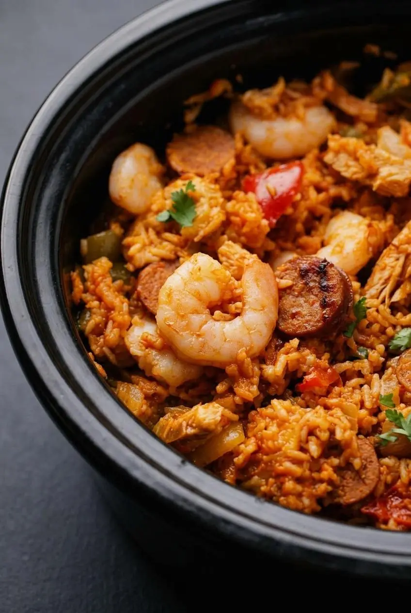 Close-up of thick jambalaya inside a ceramic slow cooker showing perfectly tender grains of white rice and sliced sausage.