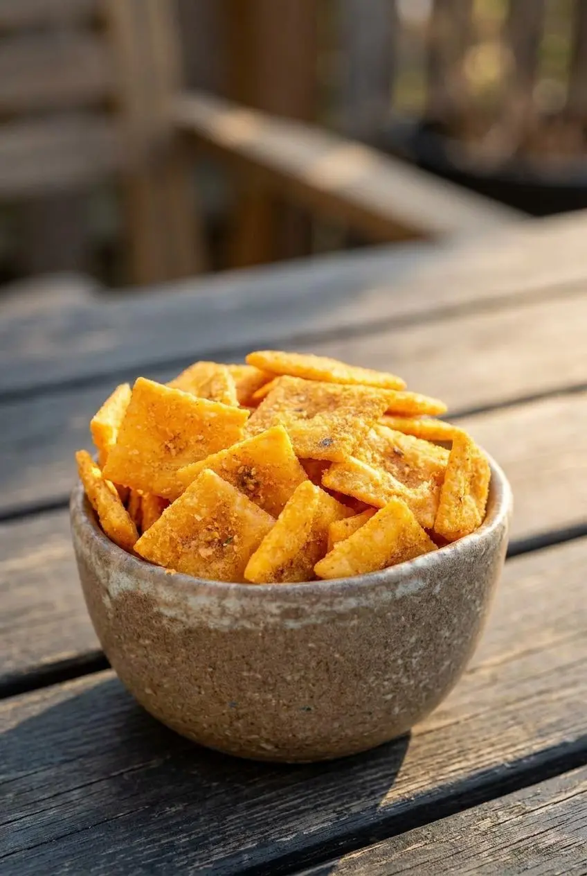 A ceramic bowl of smoked Firecracker Cheez-Its served on an outdoor timber patio table.