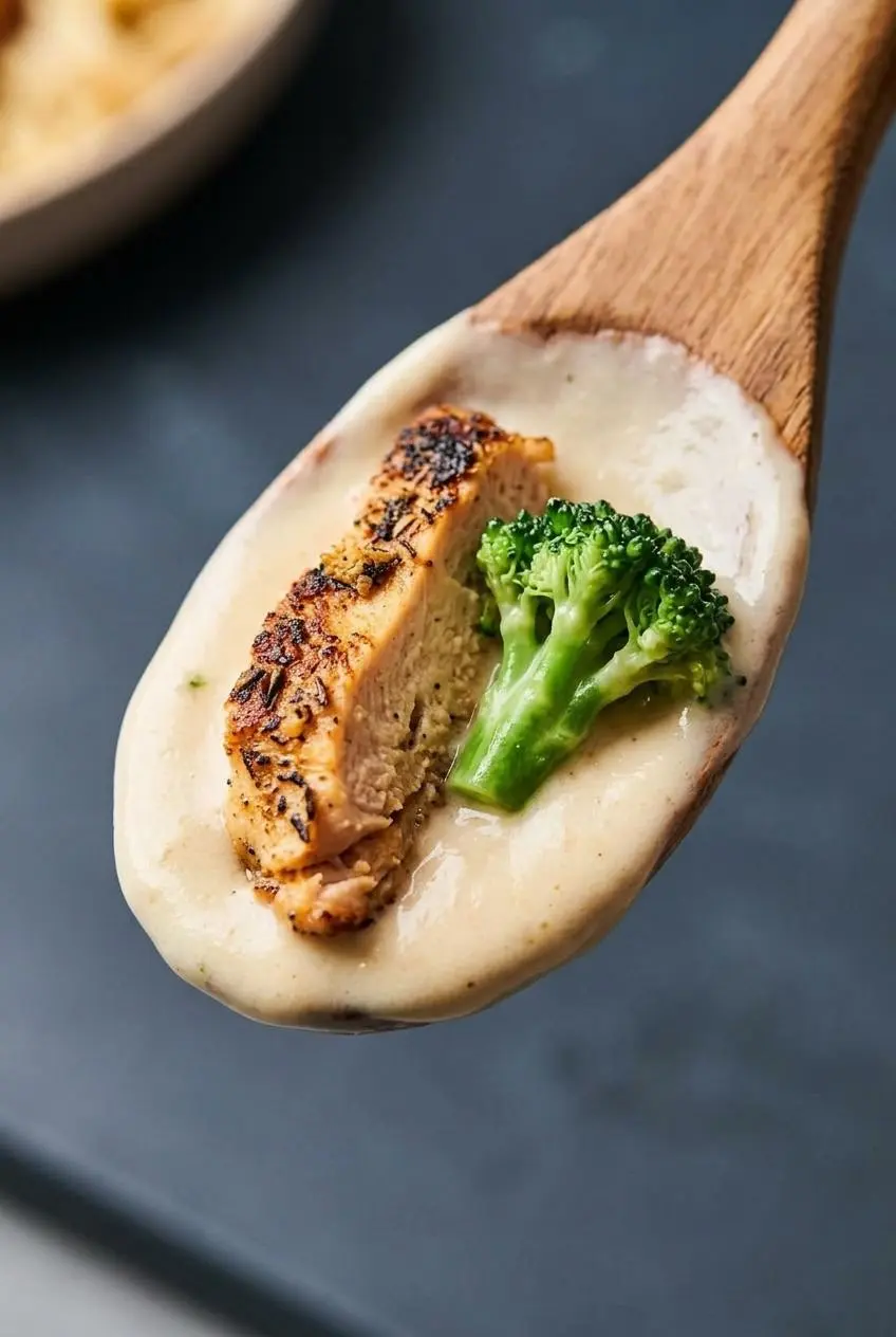 Smooth, lump-free Alfredo sauce clinging to a wooden spoon with a tender piece of golden chicken and green broccoli.