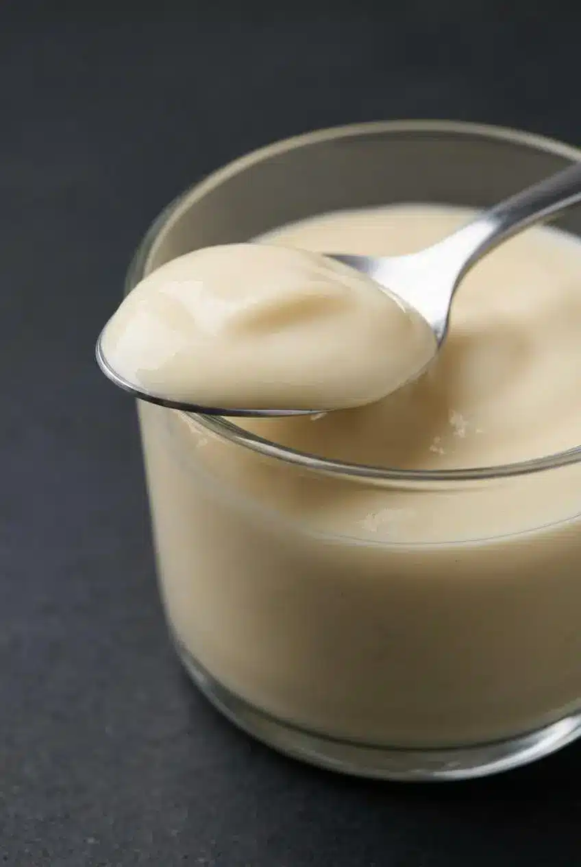 A silver spoonful of glossy pale cream pudding resting on a glass rim against a dark slate background.