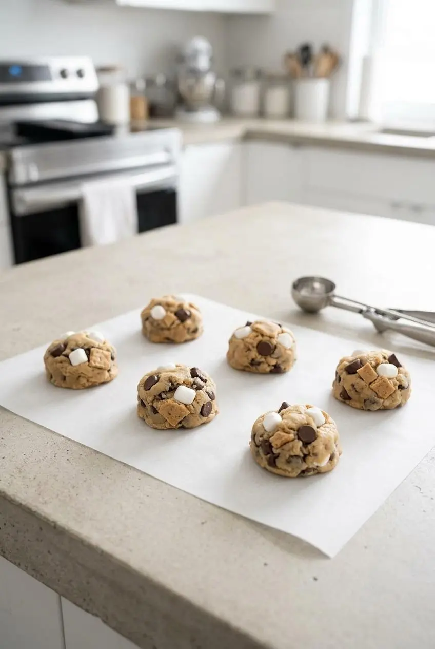 Six portioned balls of chilled s'mores cookie dough arranged on white parchment paper before baking.