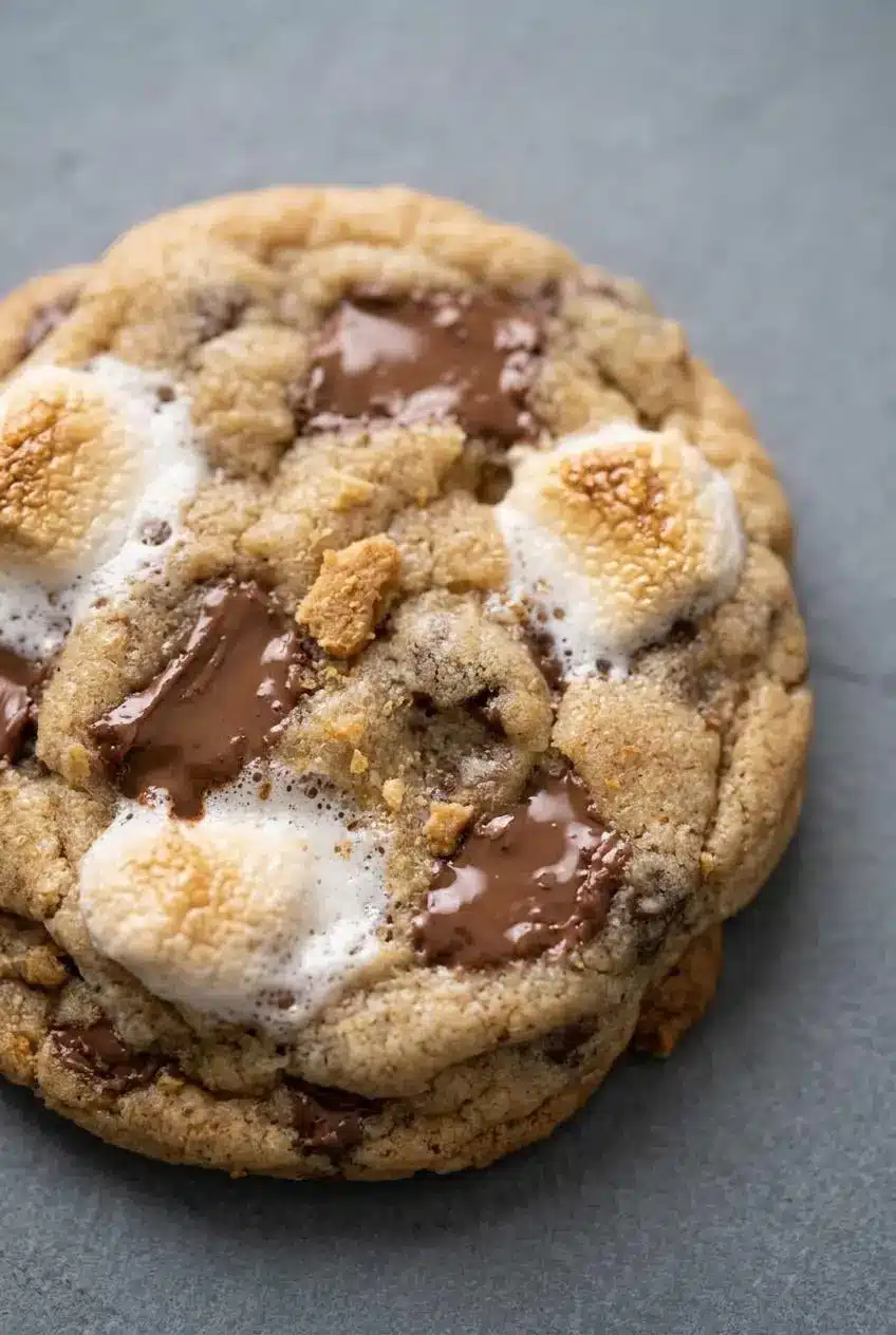 Macro shot of a chewy s'mores cookie showcasing bubbly caramelized marshmallow and melted milk chocolate on slate.