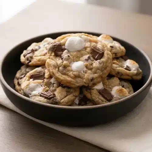 Chewy s'mores cookies with golden-brown toasted marshmallow pockets and melted chocolate chunks on top.