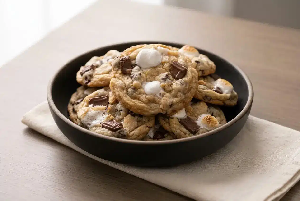 Chewy s'mores cookies with golden-brown toasted marshmallow pockets and melted chocolate chunks on top.