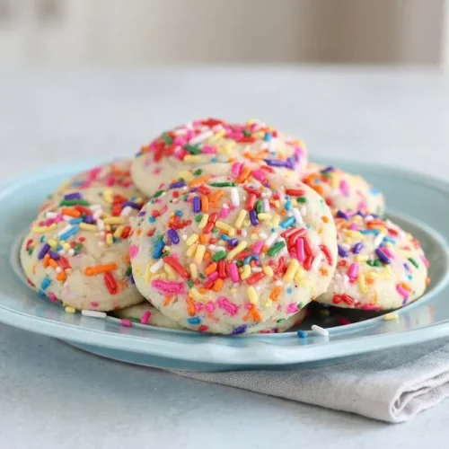 Thick soft-baked sprinkle cookies with colorful rainbow jimmies and lightly cracked centers on a baking sheet.