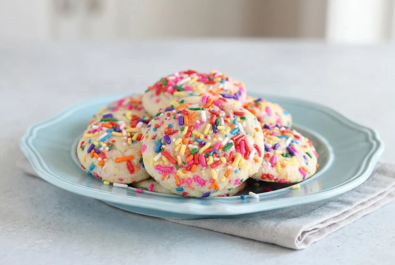 Thick soft-baked sprinkle cookies with colorful rainbow jimmies and lightly cracked centers on a baking sheet.