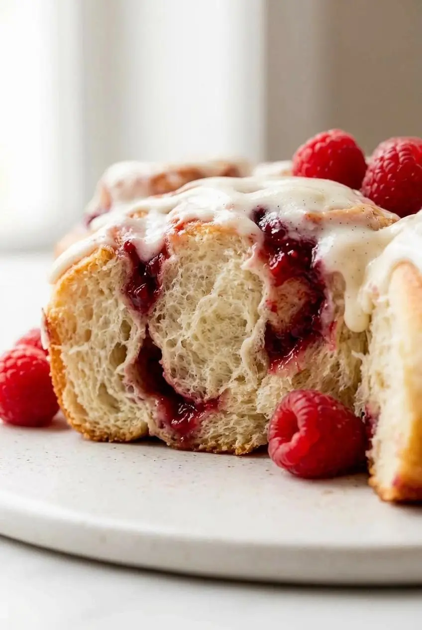 A single baked raspberry sweet roll cut in half, showing the airy, tender crumb structure and fruit swirl.