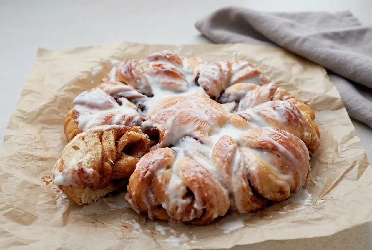 Golden-brown Sourdough Cinnamon Star bread with a glossy glaze on a light cream dish.