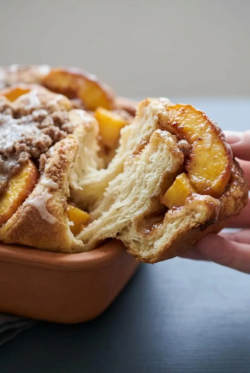 A single piece of sourdough peach pull-apart bread pulled back to show the soft, airy crumb.