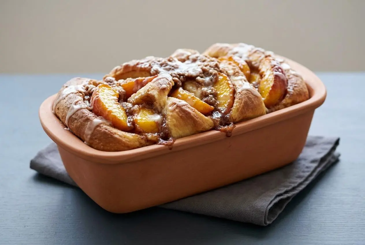 Sourdough Peach Pull-Apart Bread with a golden-brown streusel crust and sweet vanilla glaze.