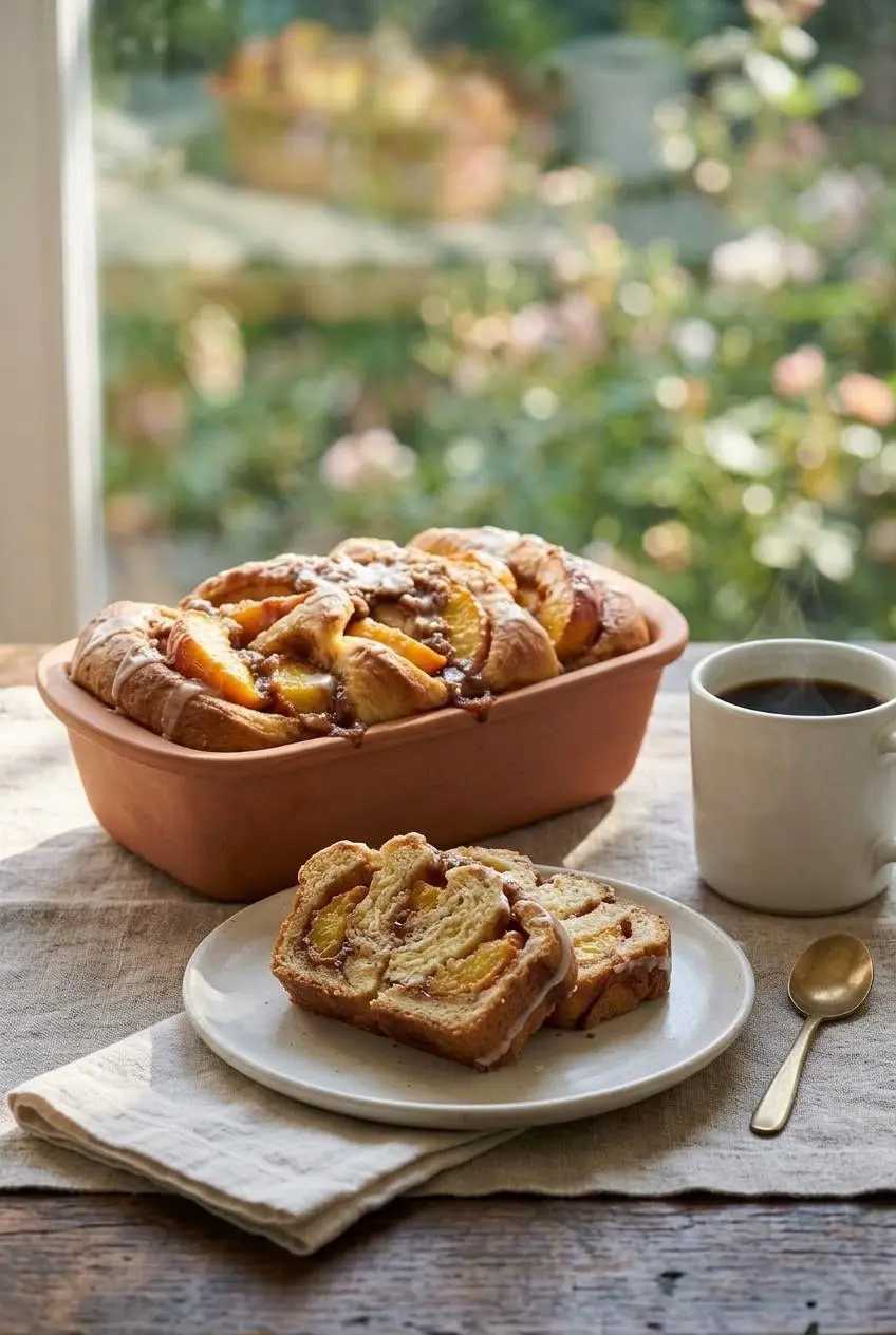 Two sliced servings of sourdough peach pull-apart bread on a plate next to a cup of black coffee.