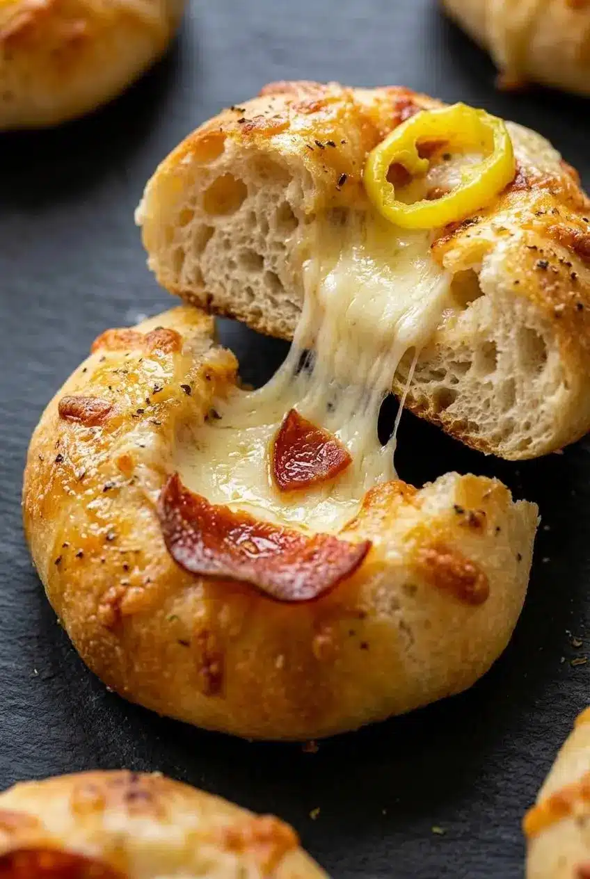 A baked sourdough pizza bomb pulled open, showing a hot stretch of melted mozzarella cheese and a pepperoni slice inside.