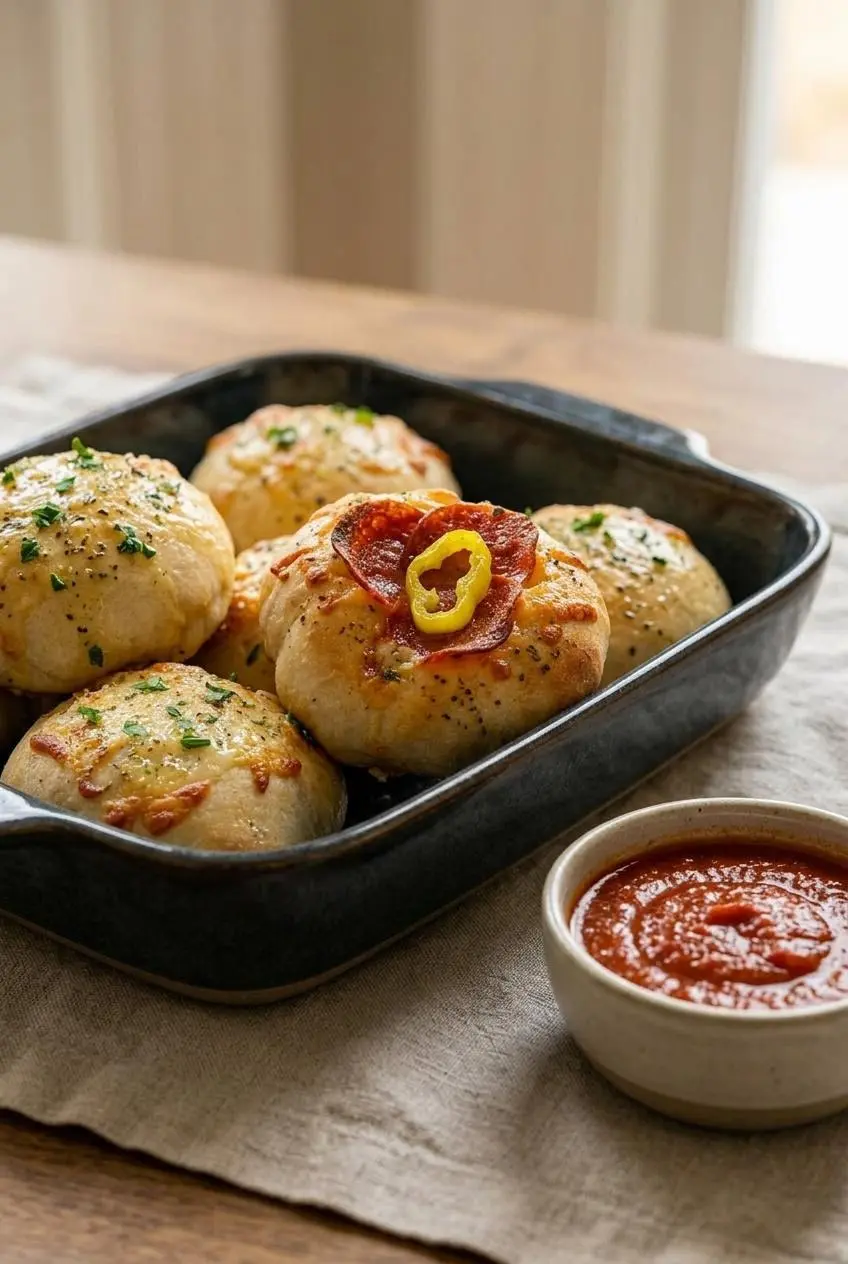 Golden-brown sourdough pizza bombs in a dark ceramic baking dish next to a bowl of marinara dipping sauce.