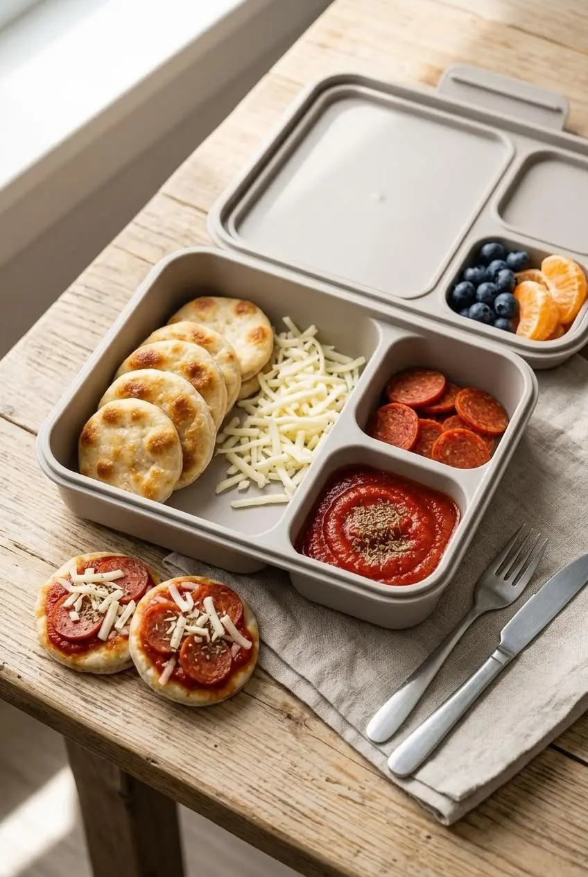 A completed sourdough pizza lunchbox on a wooden table served with fresh blueberries and clementine segments.