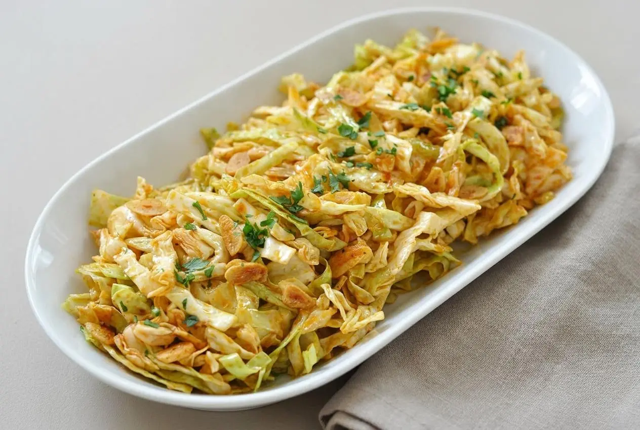 Spanish Cabbage Salad with crisp green cabbage ribbons, golden garlic slices, and paprika olive oil dressing.