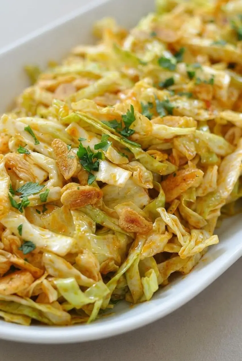 Macro shot of crisp green cabbage ribbons lightly glistening with paprika garlic oil and fresh parsley.