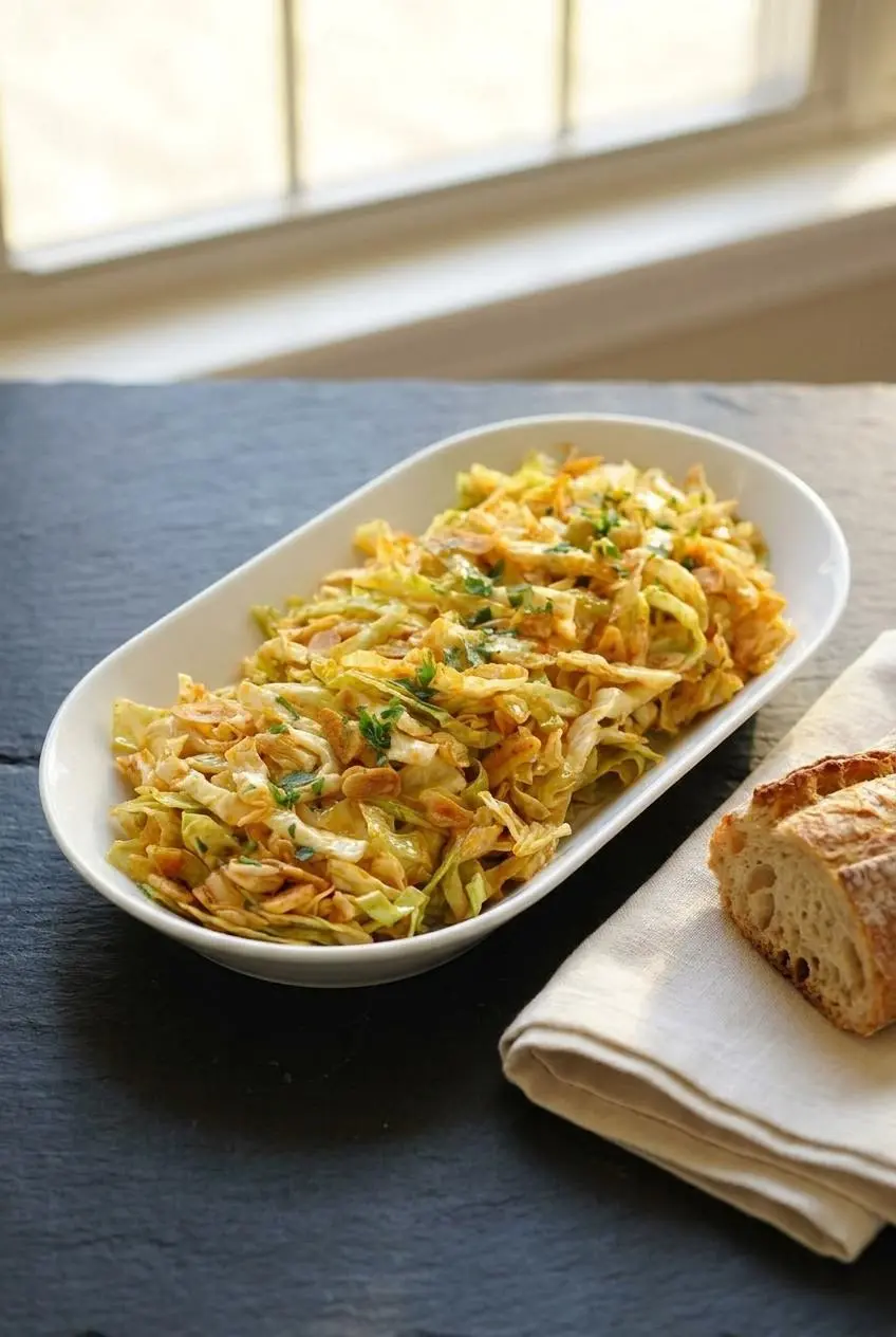 Spanish cabbage salad served in a ceramic bowl with crusty bread on a dark slate tabletop.