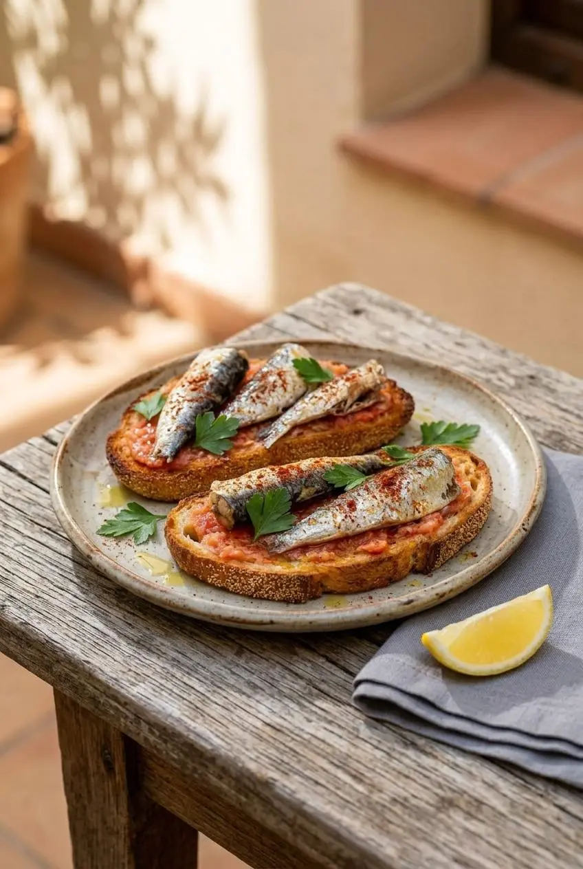 Two slices of Spanish-style tomato-rubbed sardine toast served on a platter with lemon and parsley.