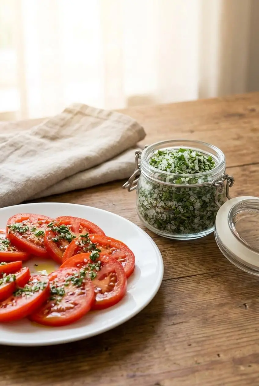 A pinch of bright green basil salt being sprinkled over fresh sliced red tomatoes drizzled with olive oil.