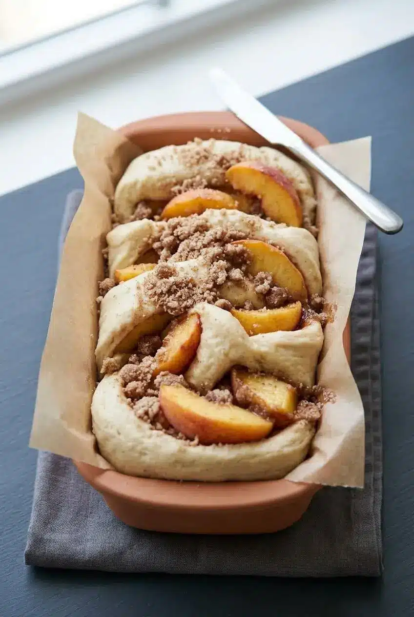Raw unbaked sourdough dough shingles stacked vertically in a parchment-lined loaf pan.