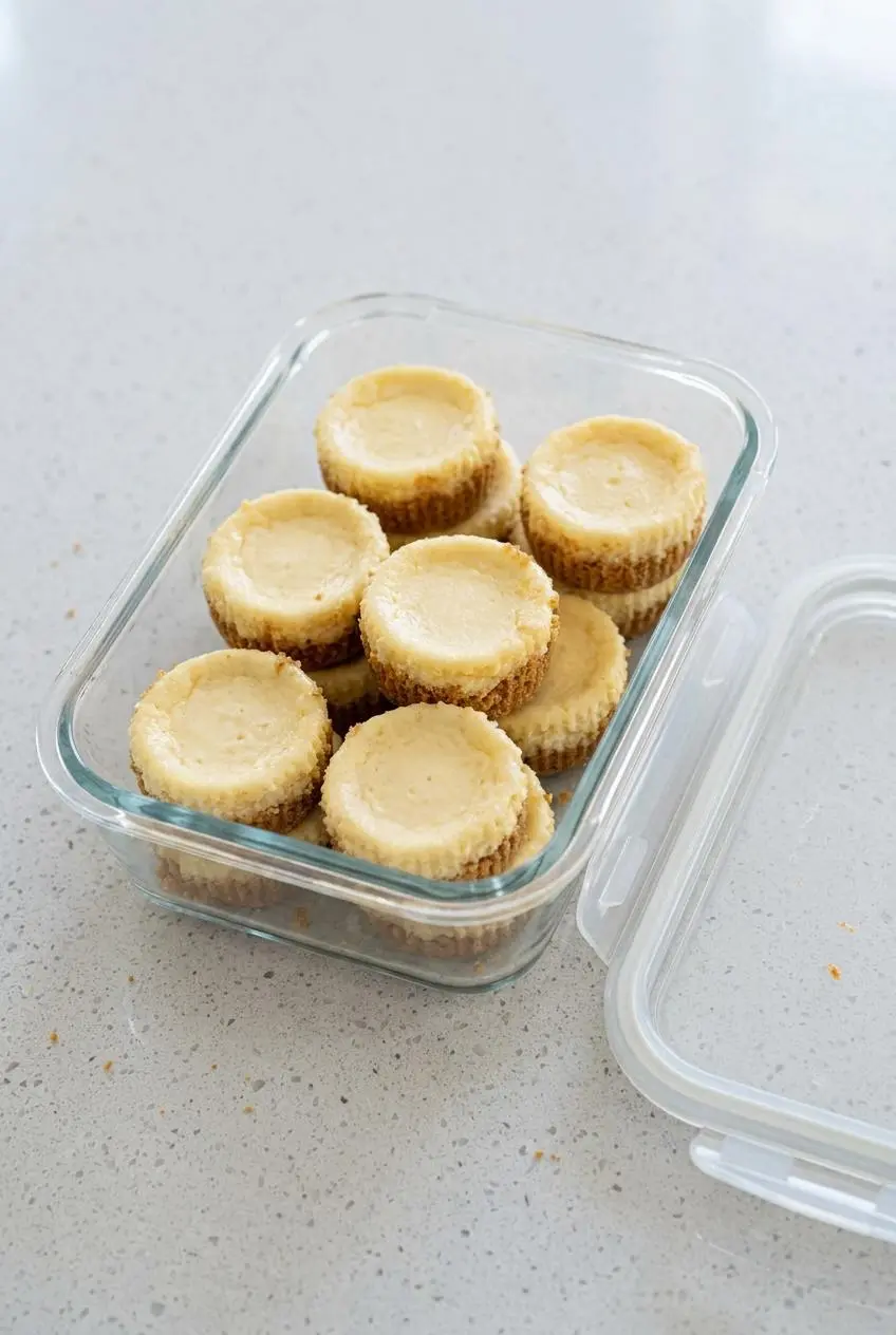 Plain baked cheesecake cupcake bases arranged in a glass food storage container on a kitchen counter.